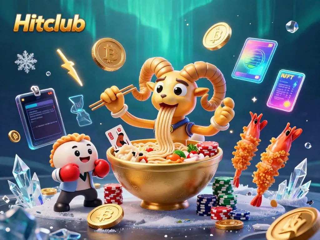 Hitclub features a dynamic 3D illustration showcasing a golden ramen bowl character dealing cards and stacking chips in a vibrant casino scene.