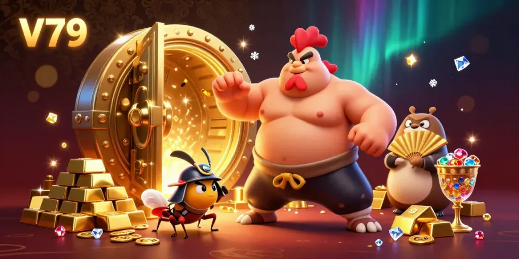 Trải nghiệm Sảnh Game Đỉnh Cao tại V79 với họa tiết vàng rực rỡ và không khí sôi động