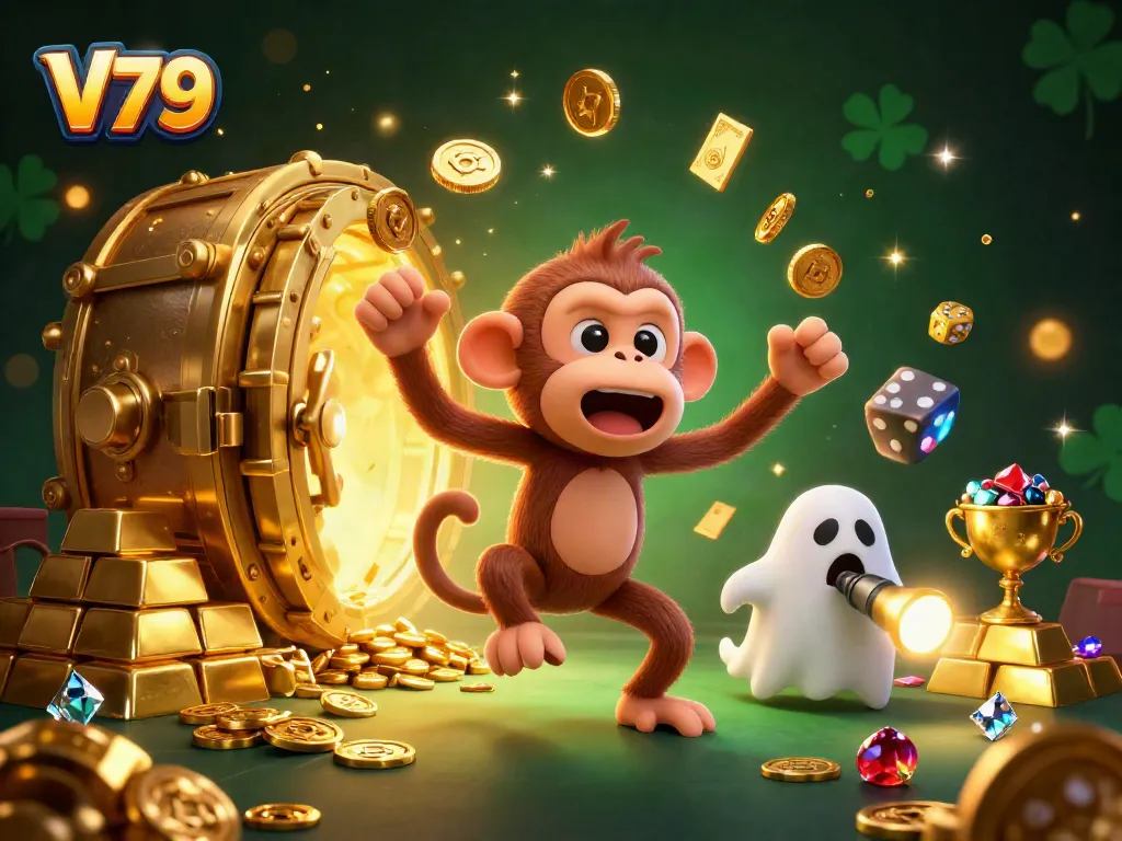 Experience gaming at V79 with a poltergeist monkey juggling treasures in a haunted casino.