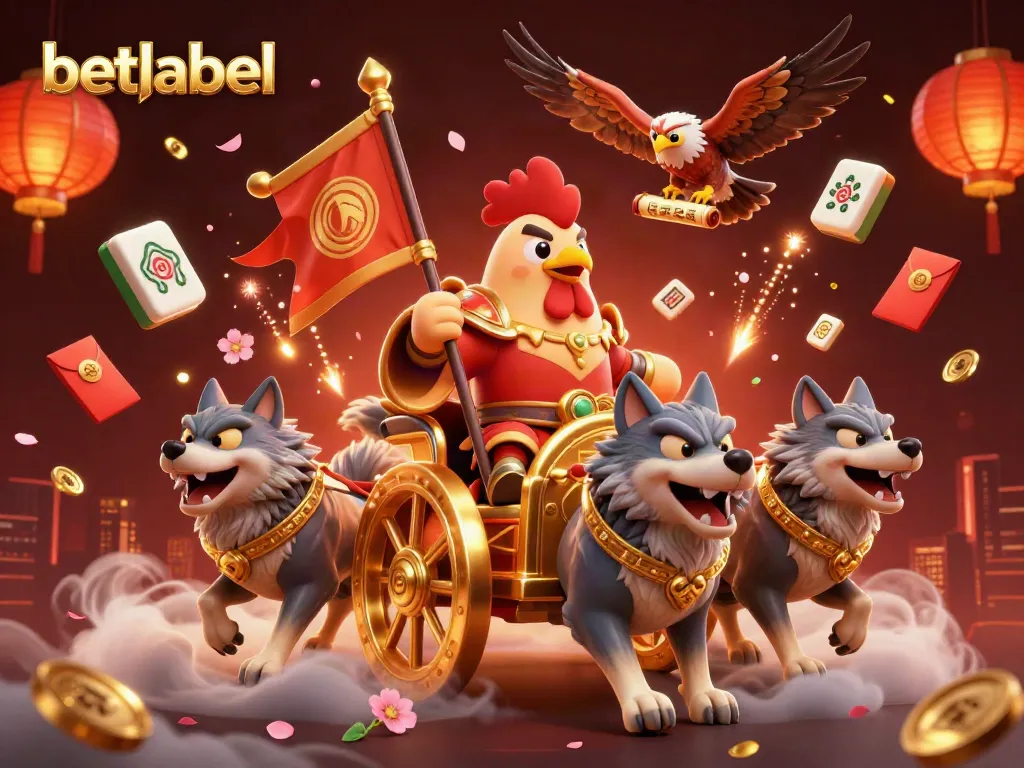 Betlabel showcases a vibrant casino scene with a rooster warlord, wolves, and immersive game elements.