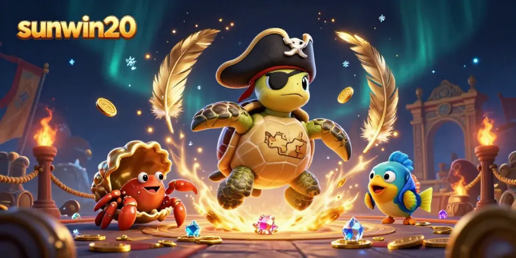 Intense gaming scene featuring sunwin20's pirate turtle and friends amidst swirling casino elements.
