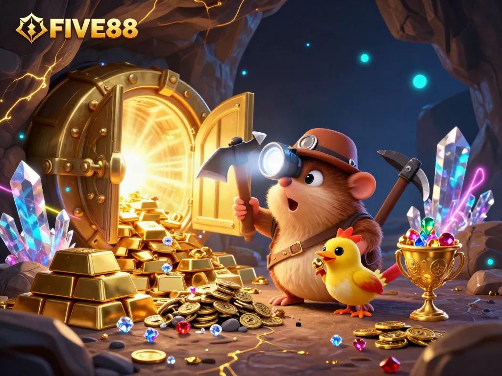 Watch FIVE88's treasure hunter mole discover gold and gems in a vibrant casino mining scene.