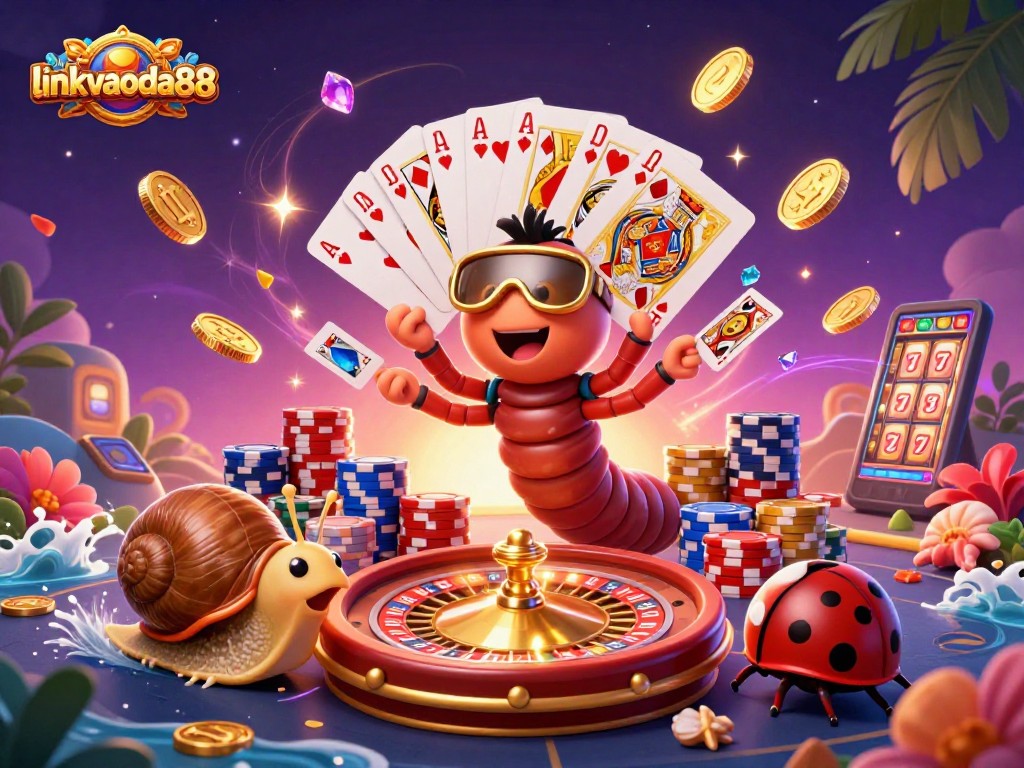 Join the fun at linkvaoda88 with our animated casino characters celebrating a royal flush.