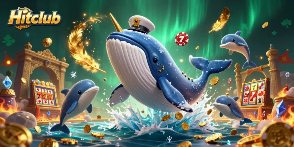 Experience the excitement of Hitclub with a 3D whale and playful dolphins in a vibrant casino scene.