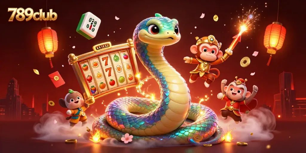 Engaging 789club casino scene depicting a magical rainbow serpent and monkey king with rich gambling elements.