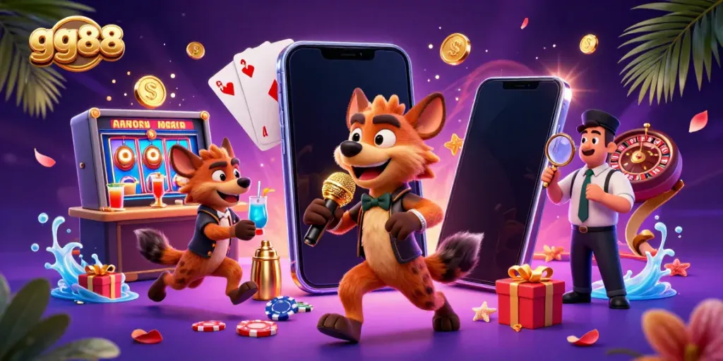 Experience the excitement of gg88 at a comedy casino with entertaining hyena characters in action.