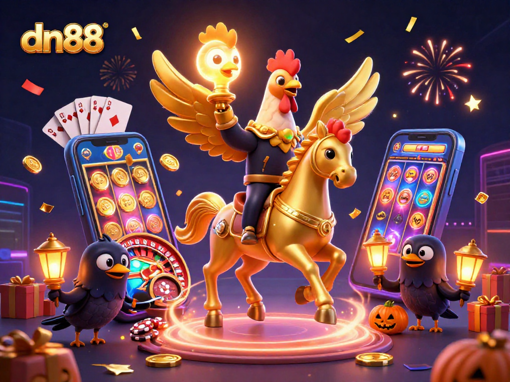 Engage with dn88's thrilling casino atmosphere featuring vibrant games and festive characters.