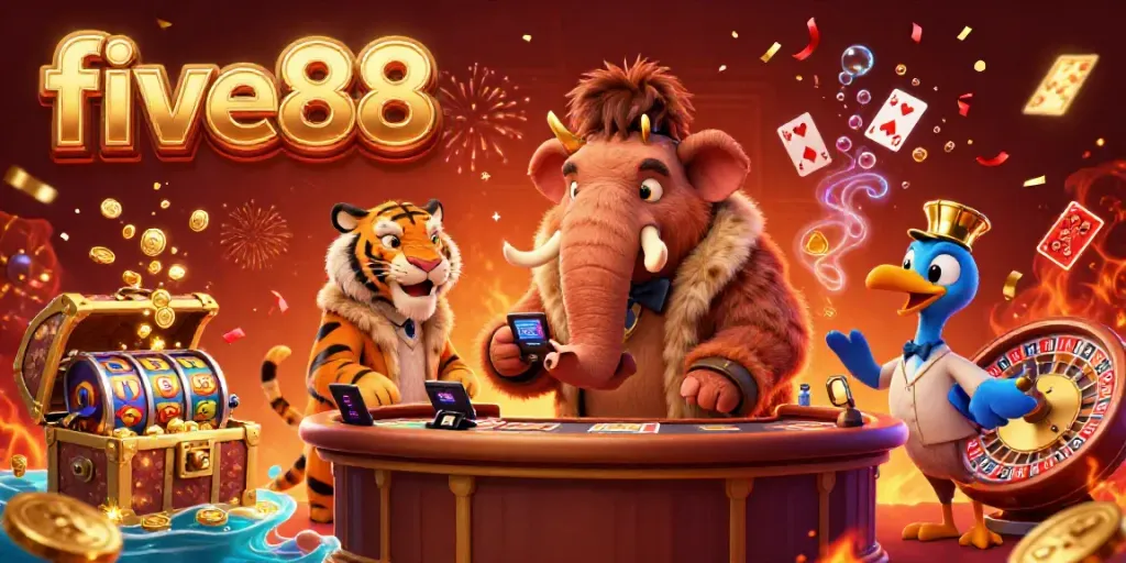 Experience the thrilling atmosphere of five88 with vibrant VIP characters in a dynamic casino scene.