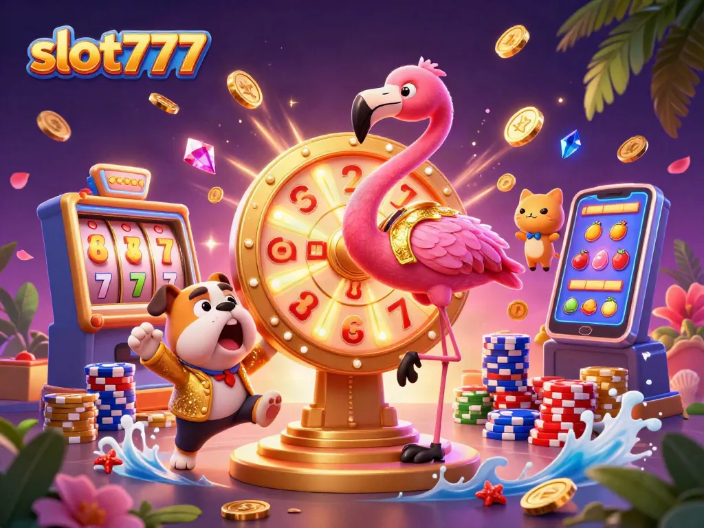 Engage with slot777 as you spin the reels, amidst cascading coins and vibrant casino elements.