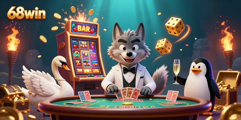 Experience the excitement of 68win with vibrant characters at the baccarat table amid casino elements.