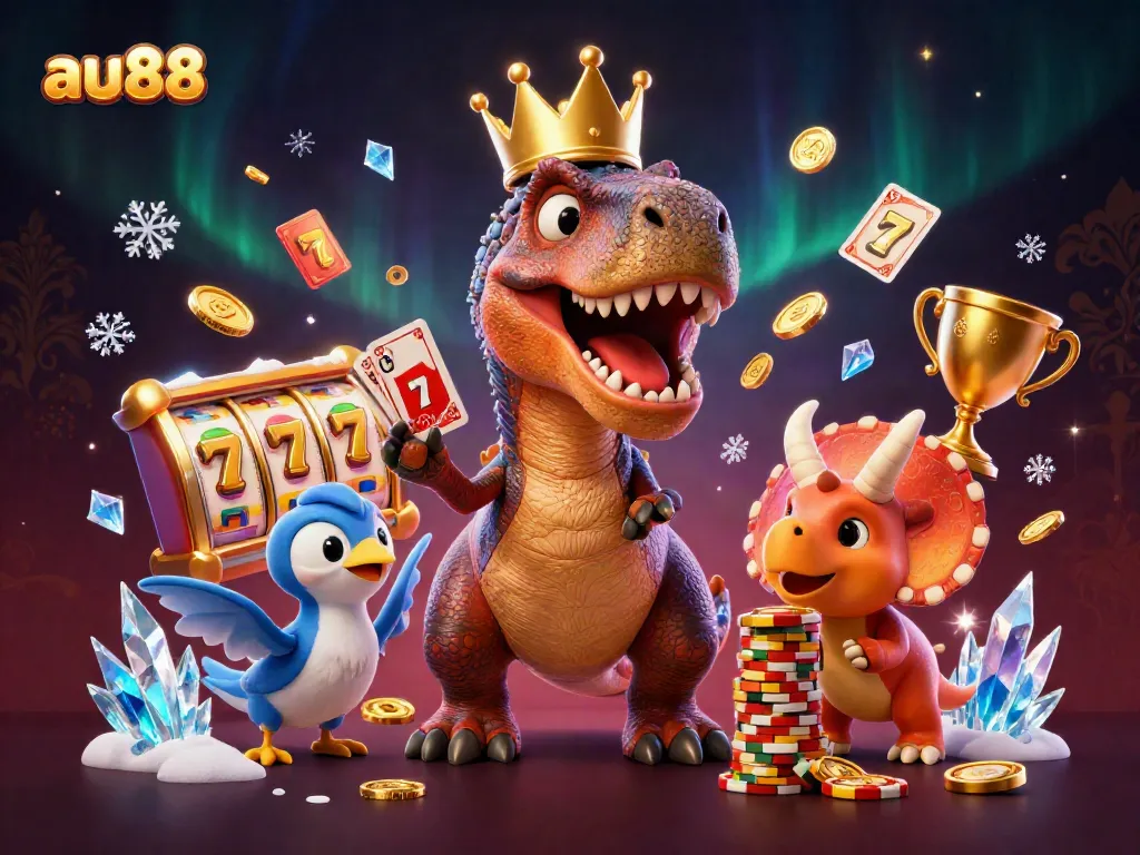 Experience thrilling gameplay as au88's charismatic T-Rex and friends shuffle cards and stack chips in a vibrant casino scene.