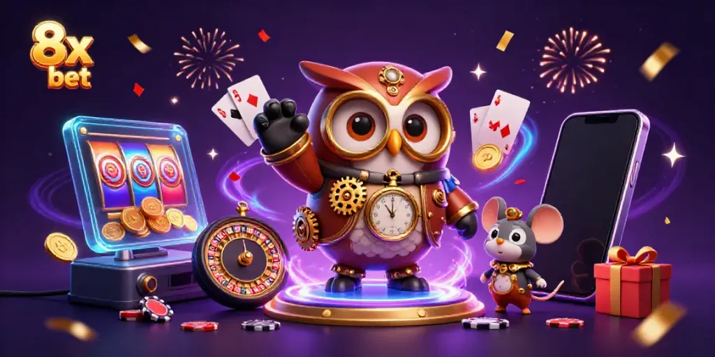 Experience the thrill of betting at 8x bet in vibrant steampunk-themed casino illustration.