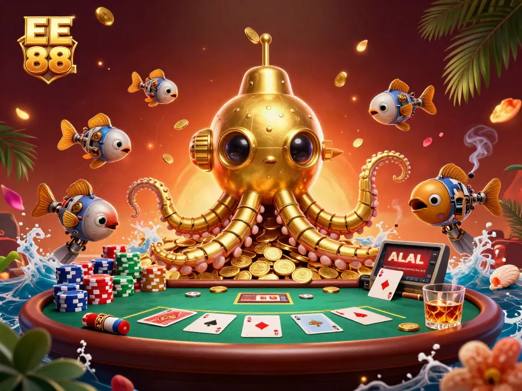 Engage with the dynamic EE 88 casino scene featuring a golden kraken submarine among poker elements.