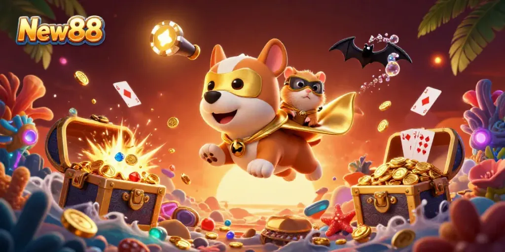 Experience exhilarating games like New88 with a superhero dog and playful hamster amidst vibrant casino action.