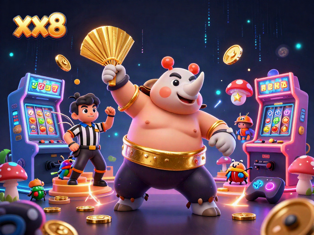 Experience thrilling gaming at xx8 as a beetle sumo champion celebrates victory with coins galore.
