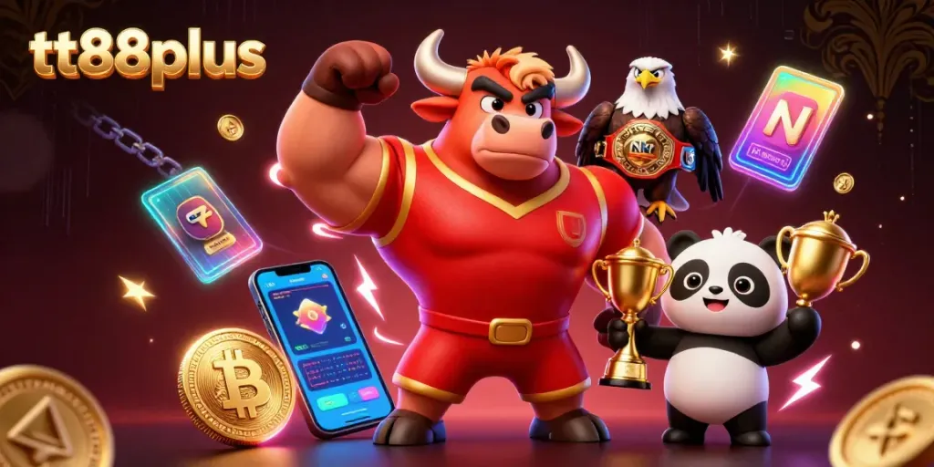 Win big at tt88plus with a dynamic casino scene featuring characters and crypto elements.