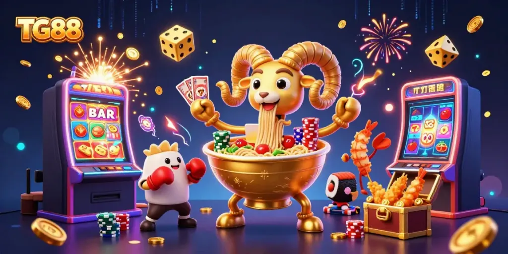 Experience TG88's vibrant casino scene featuring giant ramen and celebratory characters.