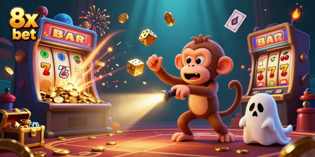Experience gaming excitement with 8x bet as a mischievous monkey juggles golden coins and cards in a vibrant casino scene.