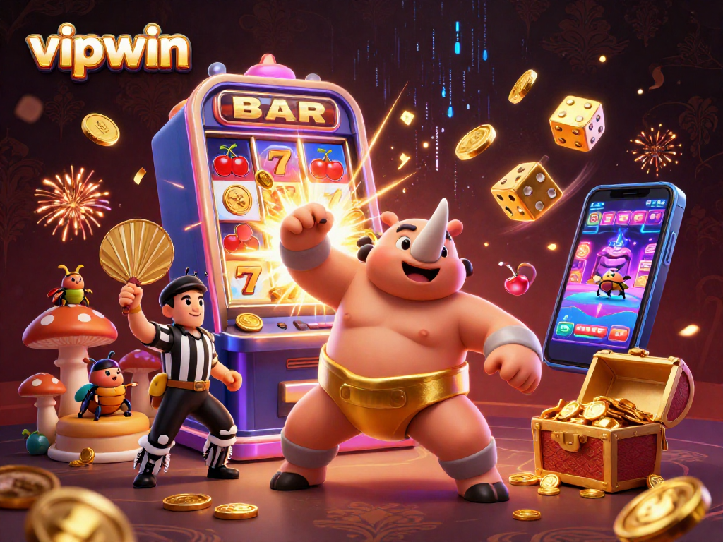Experience thrilling action at vipwin with a dynamic scene of a sumo beetle and casino excitement.