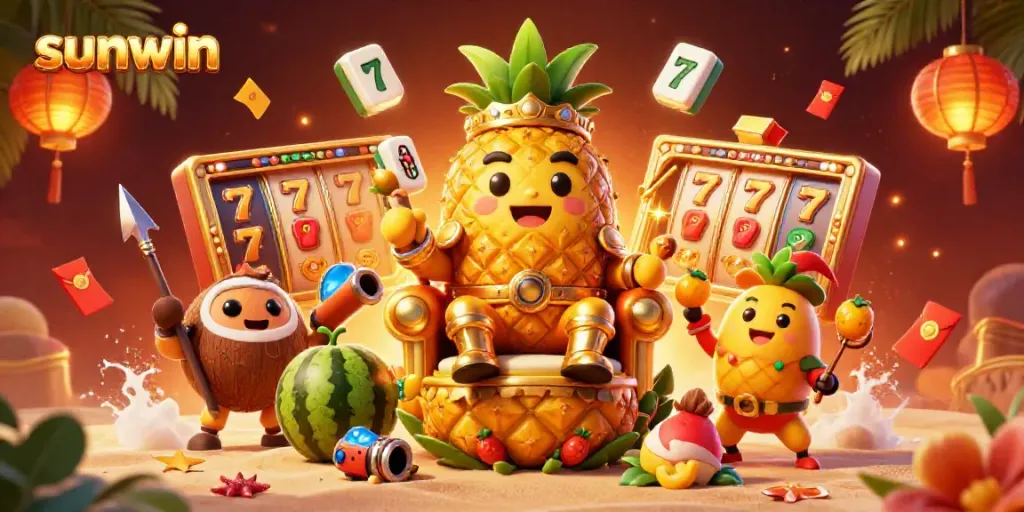 Engage with sunwin's vibrant online casino scene featuring the golden pineapple king amidst playful gaming elements.