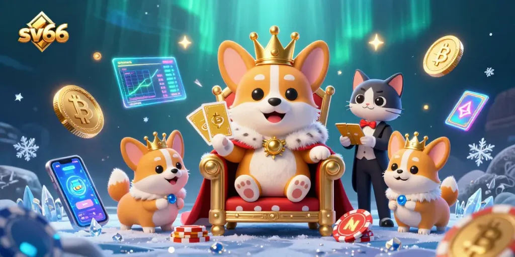 Experience sv66's thrilling atmosphere with royal corgi characters in a vibrant gaming scene.