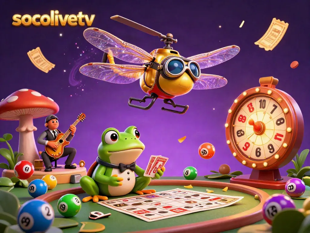 Experience thrilling gambling action with socolivetv's vibrant lily pad casino featuring a dragonfly pilot and frog dealer.